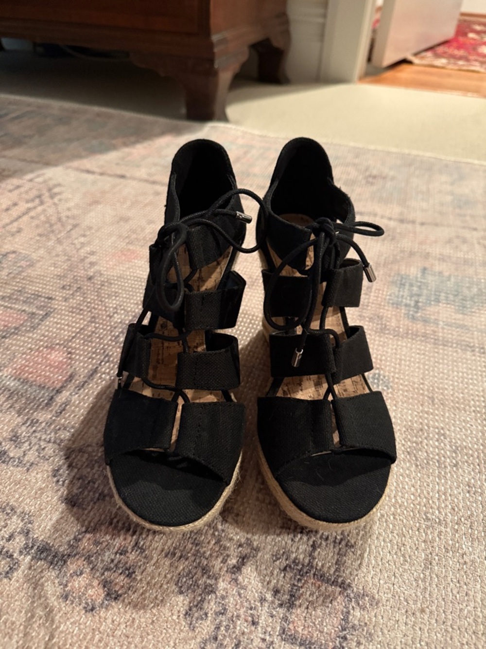 Merona Black Lace-Up Strappy Wedge Sandals